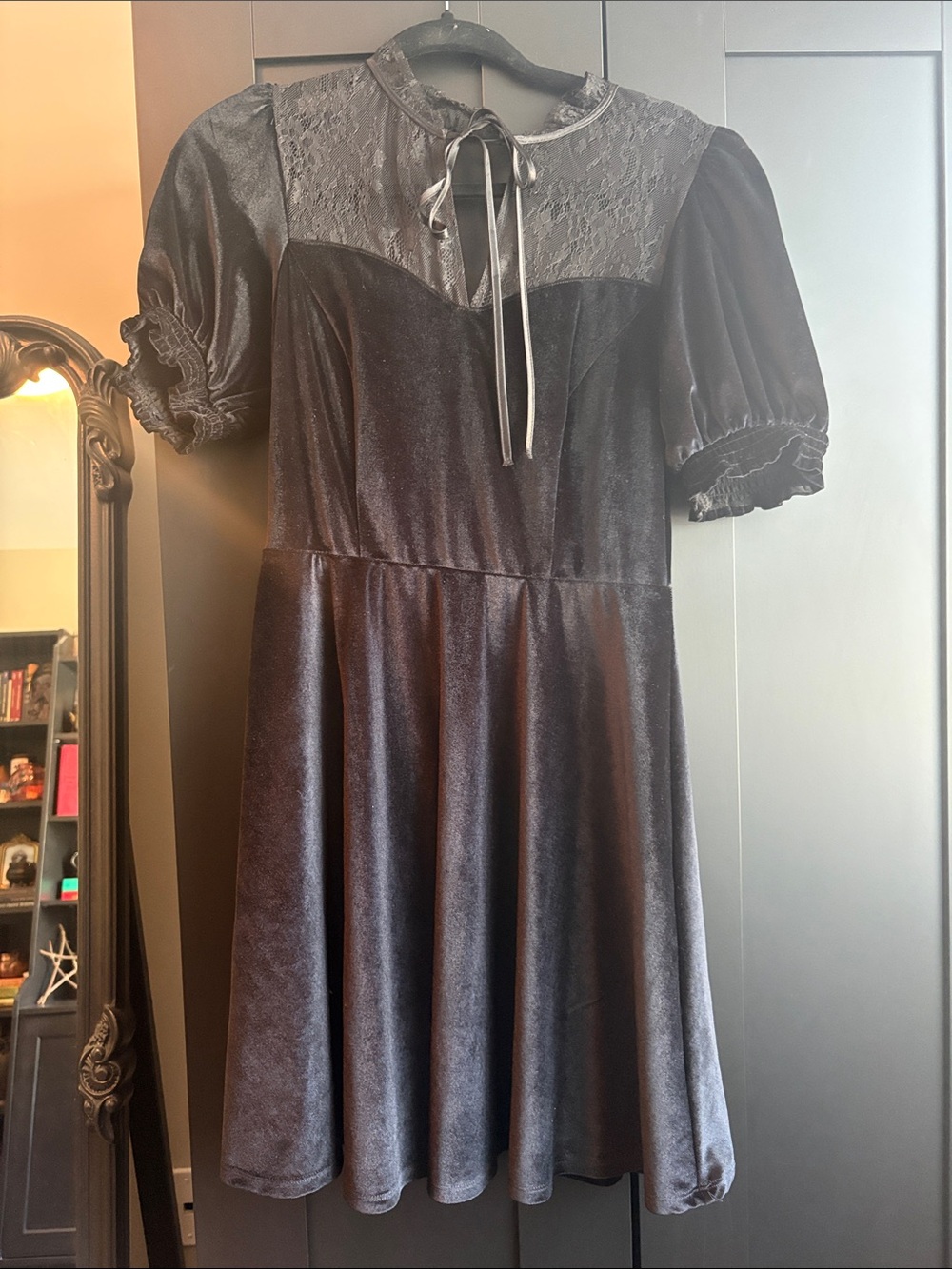 Black Velvet Dress With Lace and Ribbon Neckline